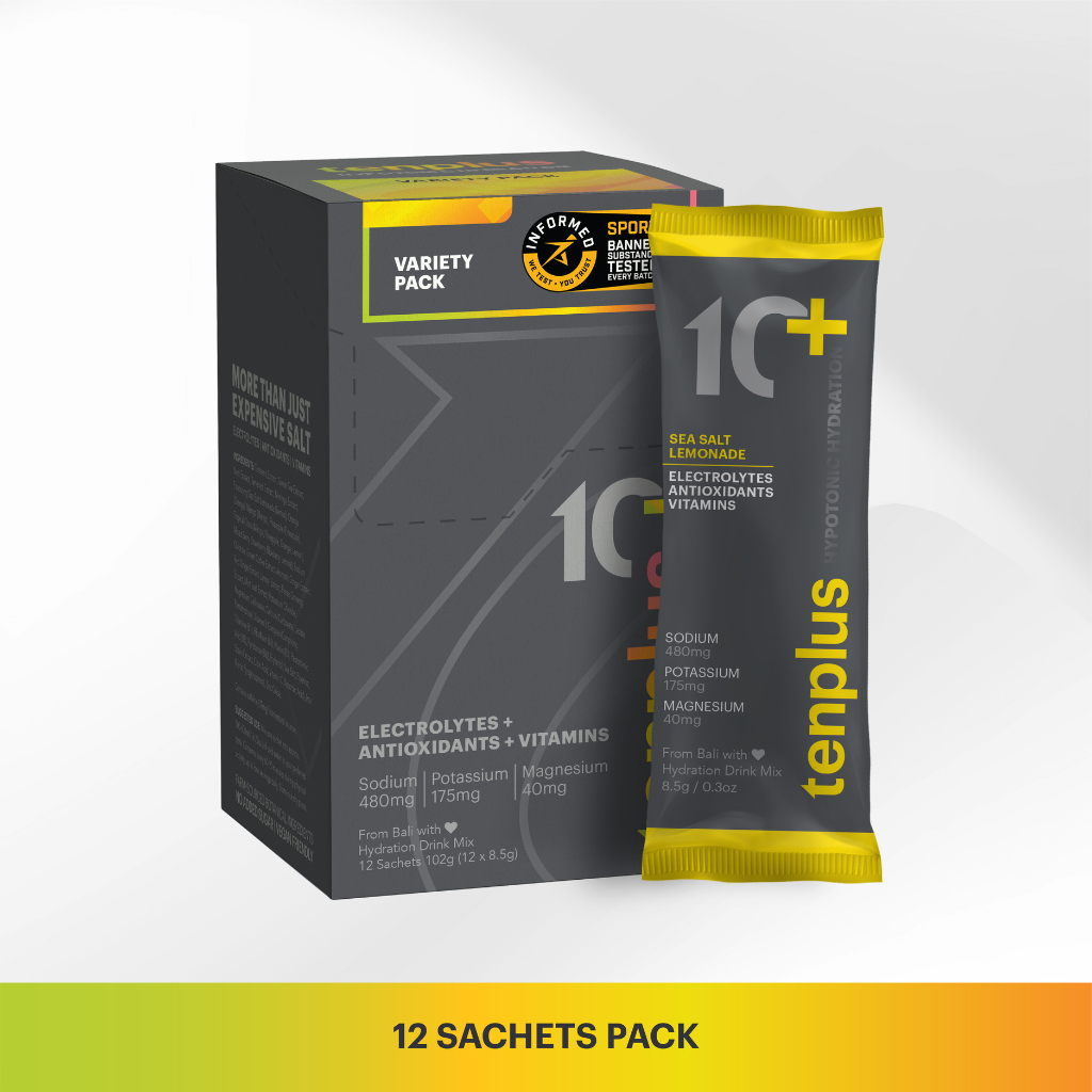 Tenplus hypotonic hydration variety pack lifestyle, electrolyte drink for cycling in heat. Best electrolyte powder for heavy sweaters.